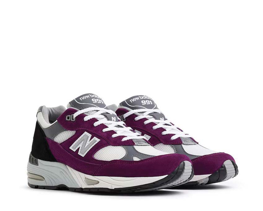 New Balance 991 Made in UK Purple vista laterale — costruzione premium UK
