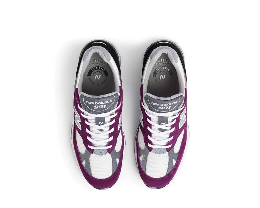 New Balance 991 Made in UK Purple dettaglio — tomaia in scamosciato e mesh di qualità