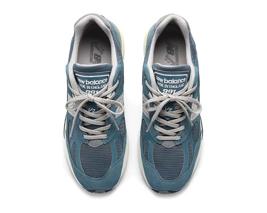 New Balance 991v2 Made in UK Tapestry detalle — costuras y materiales artesanales UK
