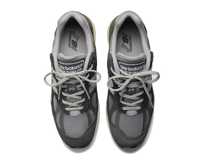New Balance 991v2 Forged Iron détail — empiècements multimatières gris industriel