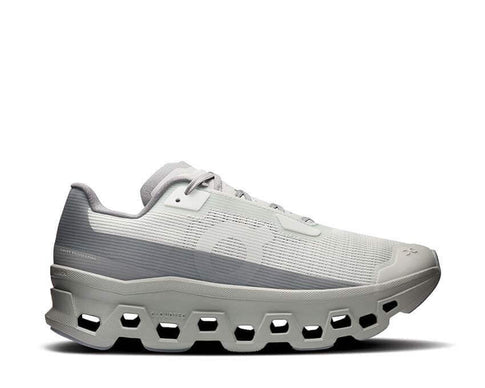 On Cloudmonster Void W Iceberg Tin — running maximaliste femme CloudTec Helion vue latérale