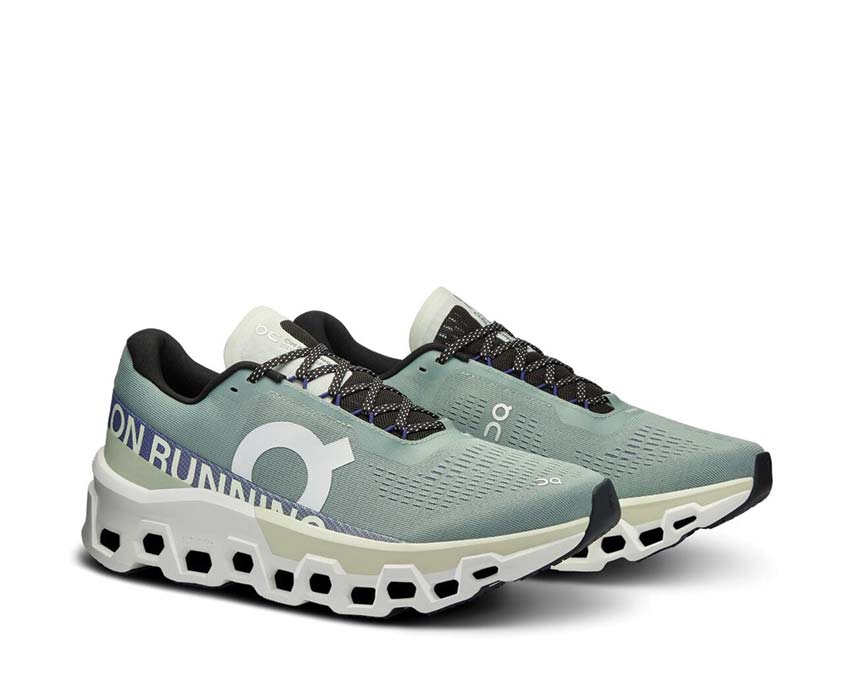 On Cloudmonster 2 Mineral/Aloe Seitenansicht — Dämpfung Profil Herren-Laufschuh