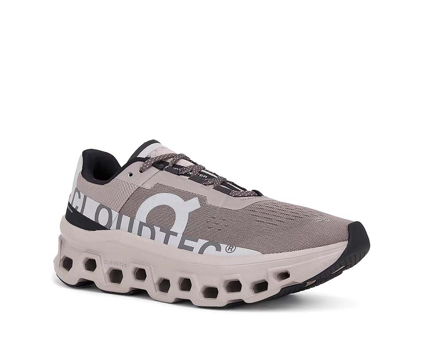 On Cloudmonster Cinder/Fog vue latérale — profil amorti maximal homme