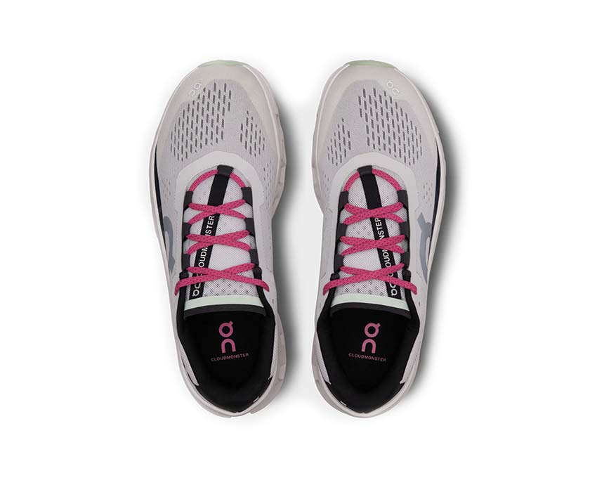 On Cloudmonster Frost/Black détail — tige mesh running homme