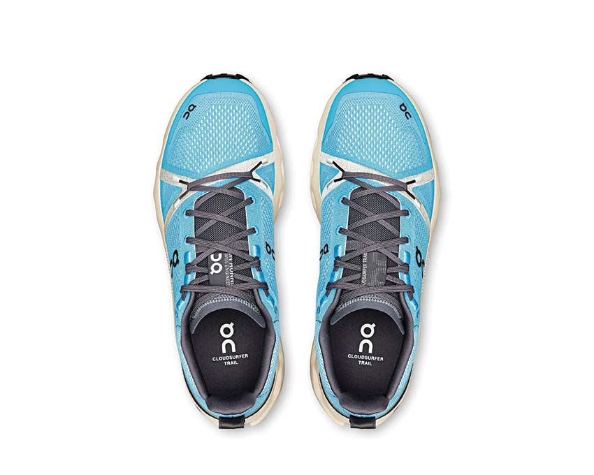 On Cloudsurfer Trail Horizon/Cream vista laterale — profilo trail uomo