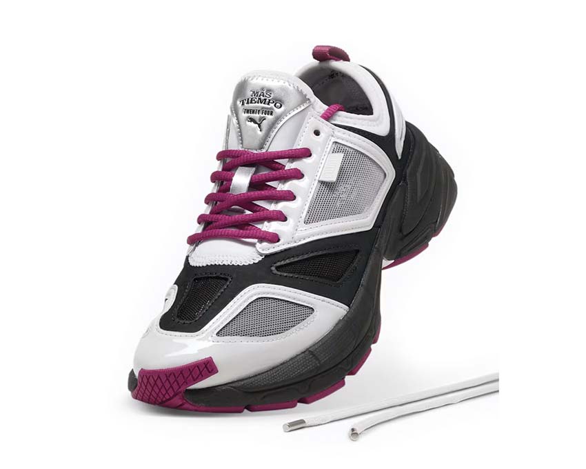 Puma Velophasis NU Feather Gray Black Magenta detail — Más Tiempo branding