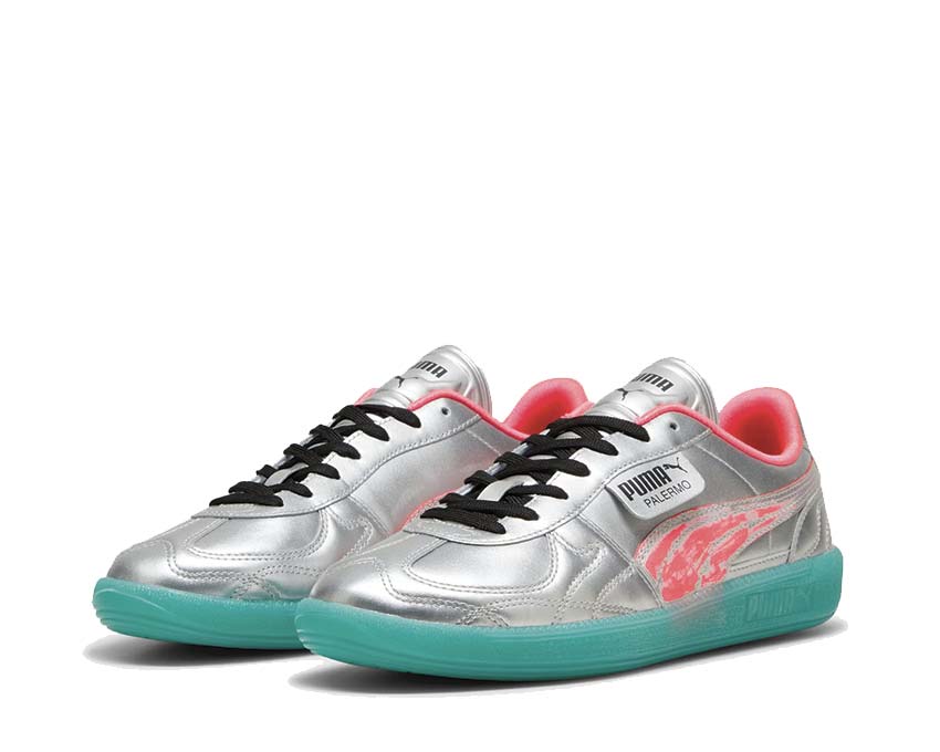 Puma Palermo NewGen Footy Silver Sparkling Green vista lateral — material premium