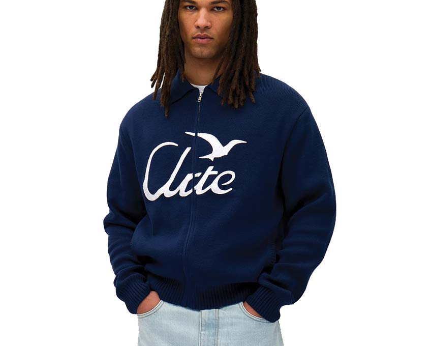 Arte Bird Logo Knit Navy vista laterale — maglia fine logo ricamato