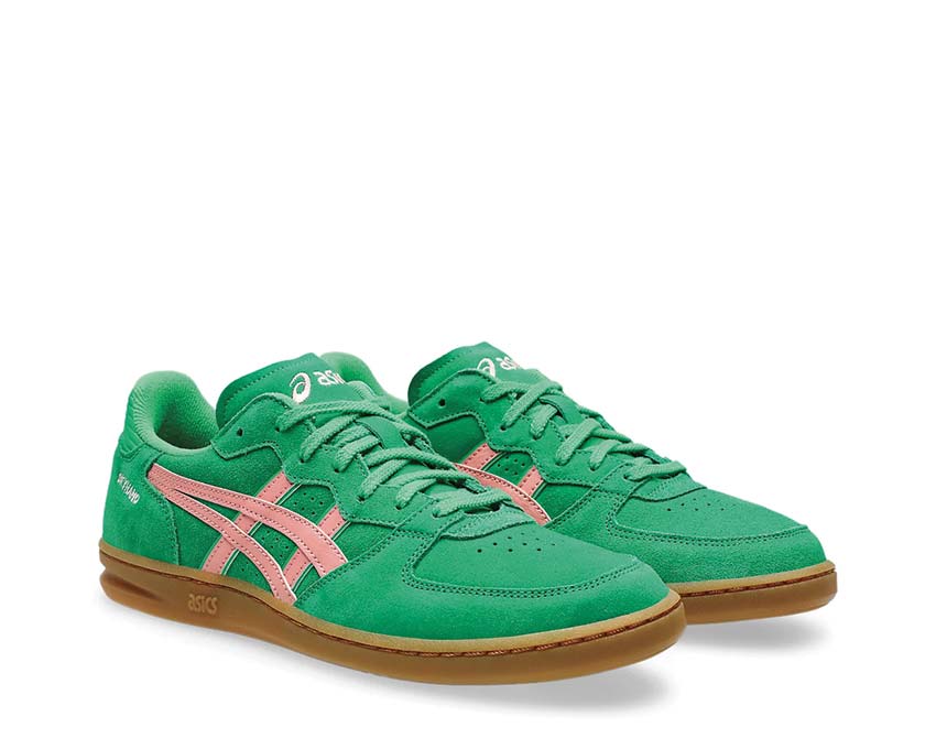 Asics Skyhand OG Cilantro/Grapefruit side view — leather and mesh lifestyle