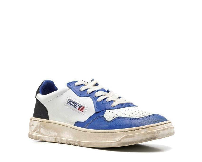 Autry Medalist Low Super Vintage White/Blue/Black vue latérale — finition vieillie tricolore
