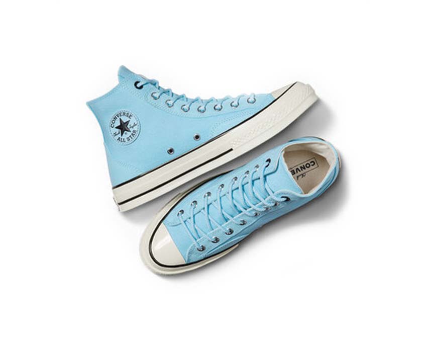 Converse Chuck 70 Hi Sky Blue Detail — Knöchel-Patch Pastell-Hellblau Segeltuch