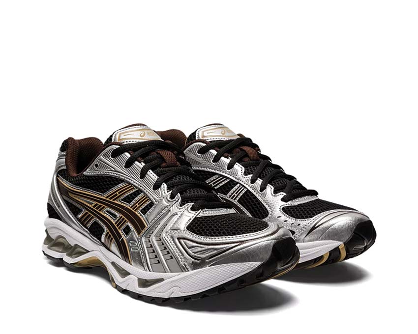 Asics Gel Kayano 14 Black Coffee side view — mesh upper