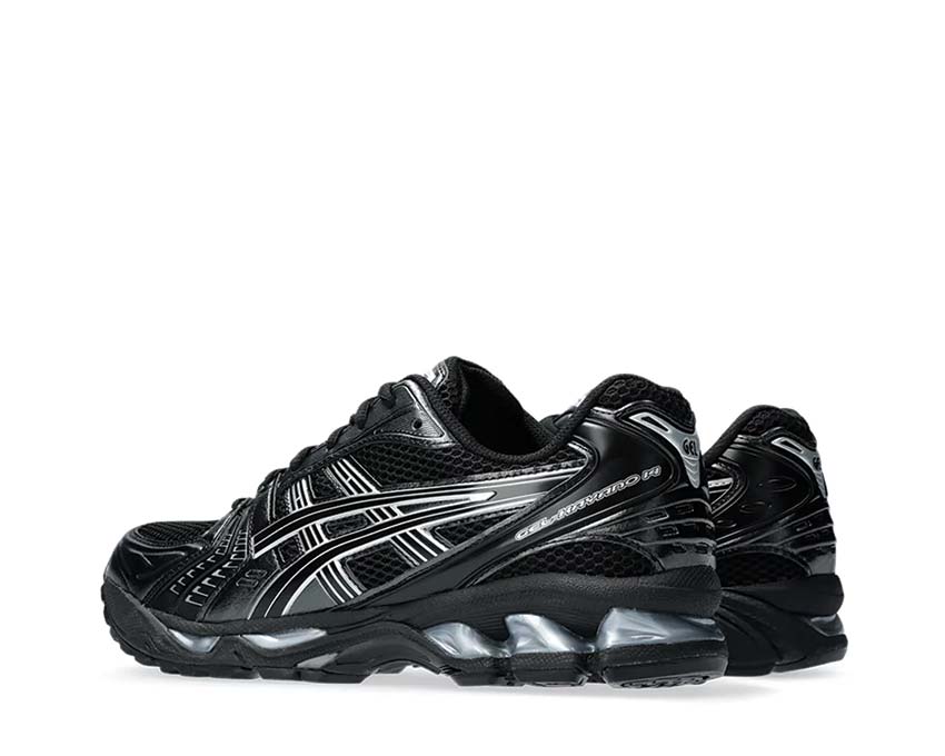 Asics Gel Kayano 14 Black Silver Black/Pure Silver sole — Gel cushioning front and rear