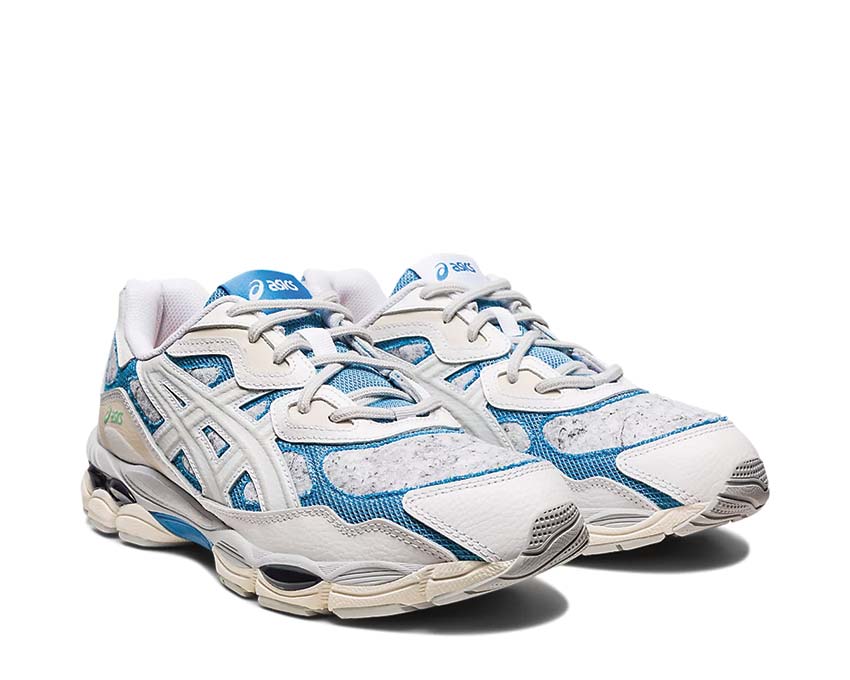 Asics Gel NYC White/Dolphin Blue Seitenansicht — Vintage-Mesh- und Lederschaft