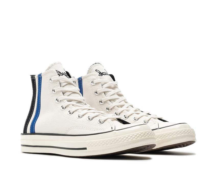 Converse Chuck 70 Hi Vintage White/Blue-Cream Seitenansicht — hoher Schaft weiß blau Streifen