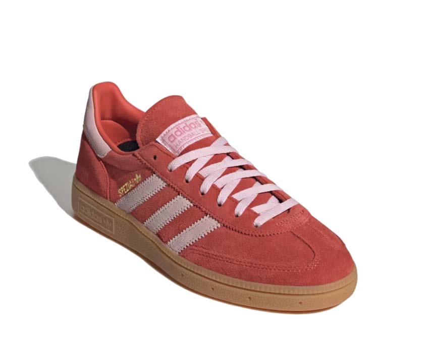 Adidas Handball Spezial Bright Red side view — red suede and Clear Pink suede