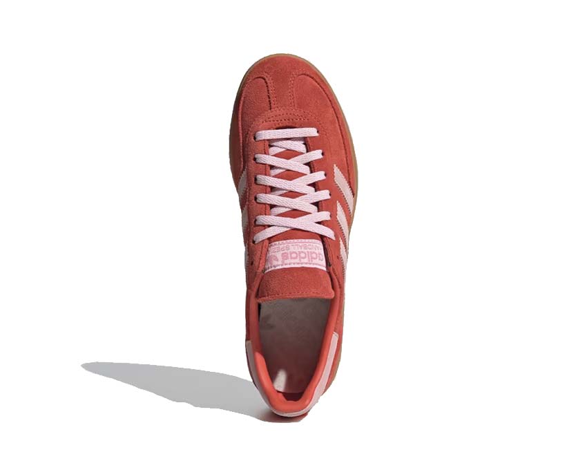 Adidas Handball Spezial Bright Red detail — Three Stripes and coloured tongue