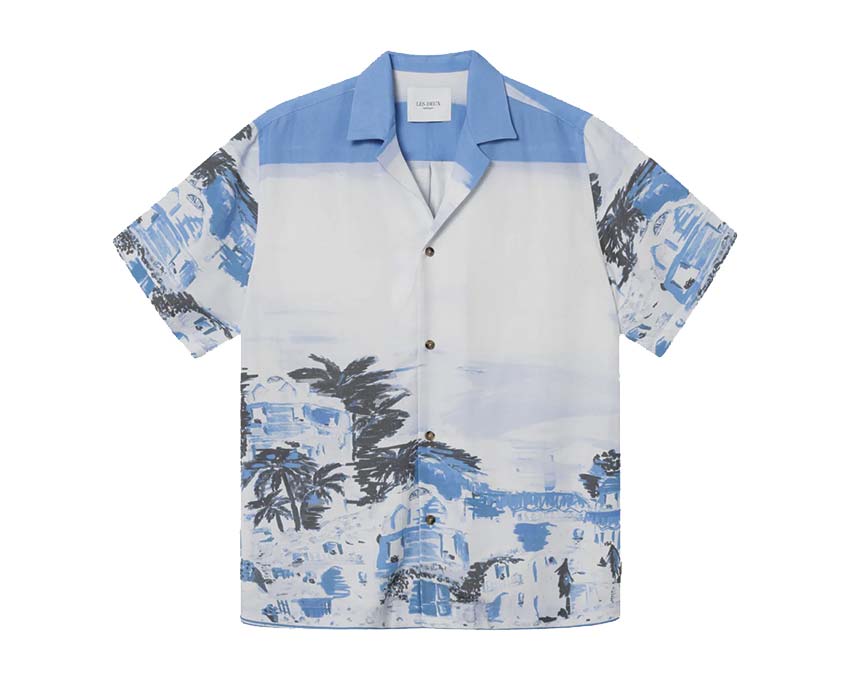 Les Deux Coastal AOP SS Shirt Washed Denim Blue — Unisex-Hemd AOP denim