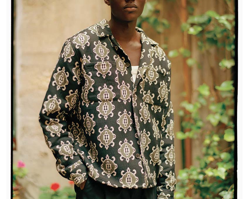 Les Deux Isaac Jacquard Overshirt Black Olive side view — textured jacquard fabric