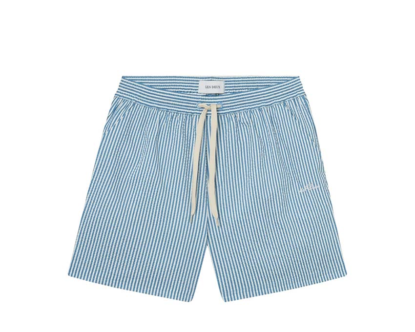 Les Deux Stan Stripe Seersucker Swim Shorts Denim — unisex swim shorts striped
