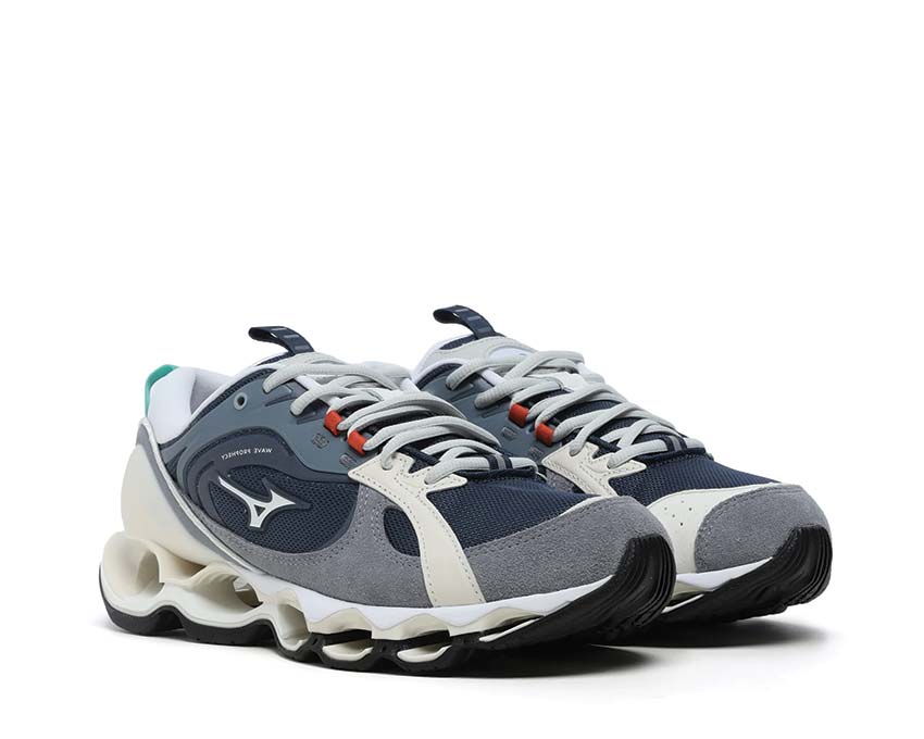 Mizuno Wave Prophecy Beta 2 Gray/Blue Seitenansicht — atmungsaktives Mesh Laufschuh