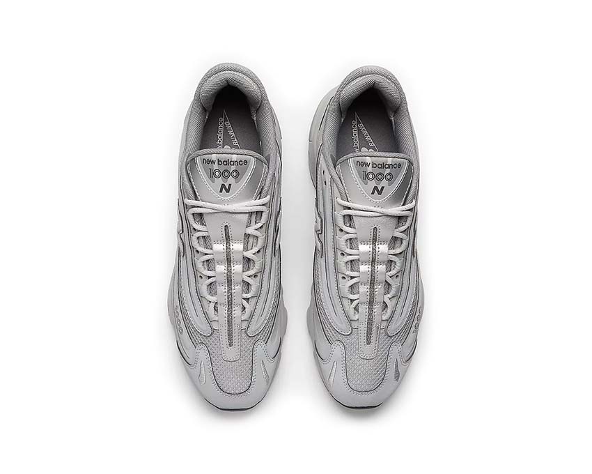 New Balance 1000 Silver Metallic Raincloud detail — embroidered silver N logo