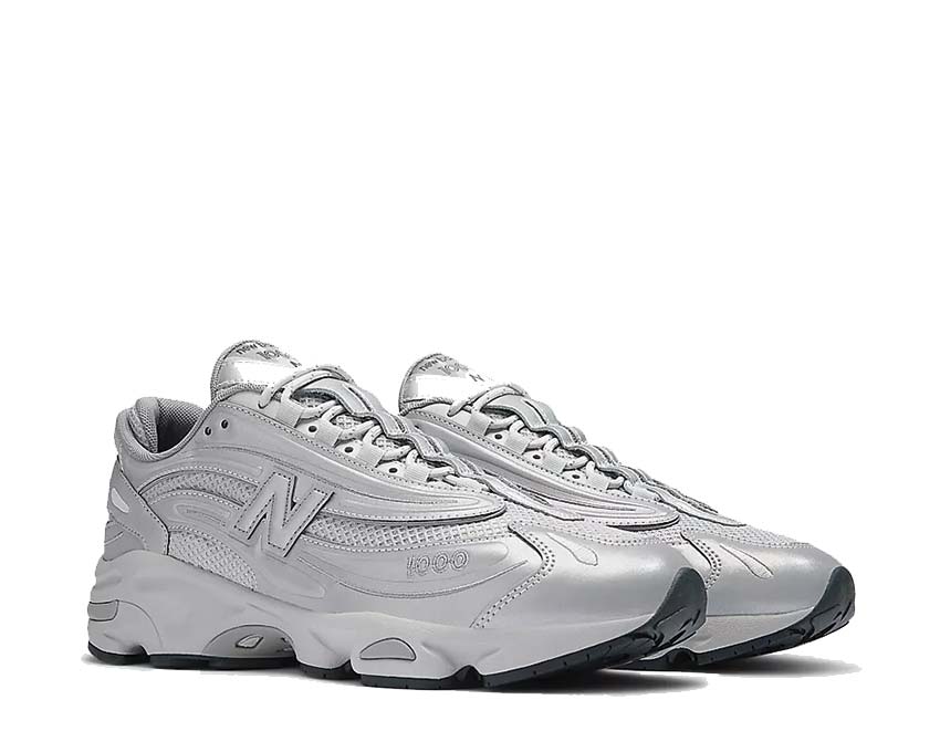 New Balance 1000 Silver Metallic Raincloud lateral view — mesh and suede upper