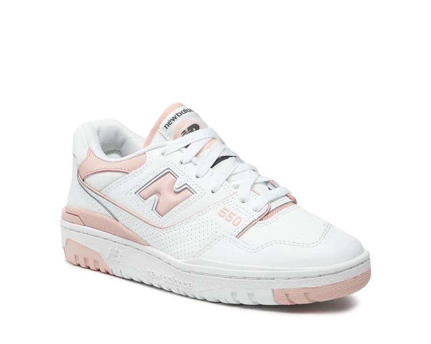 New Balance 550 W White Pink vista laterale — pelle e mesh