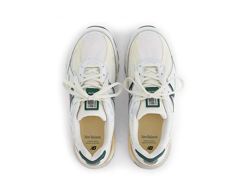 New Balance 990v4 Calcium Forest Green detail — calcium suede N logo forest green
