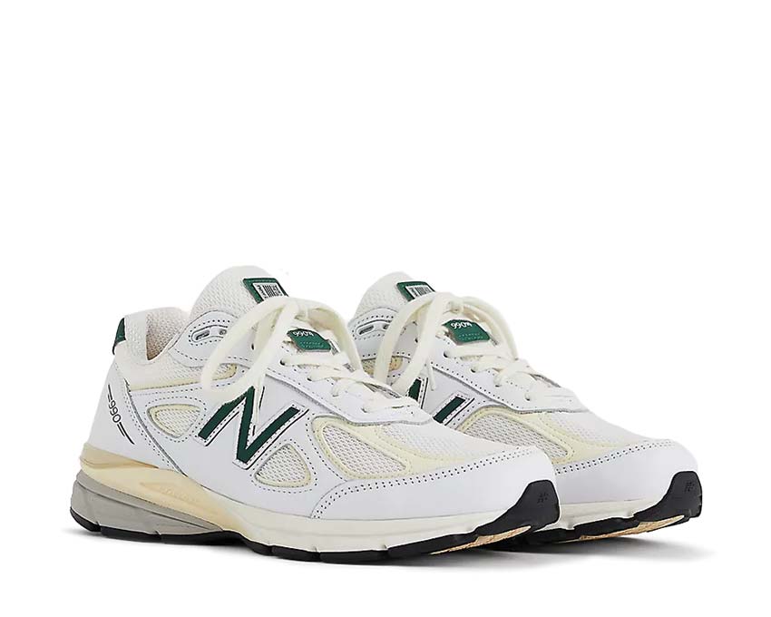 New Balance 990v4 Calcium Forest Green side view — cream suede green mesh upper