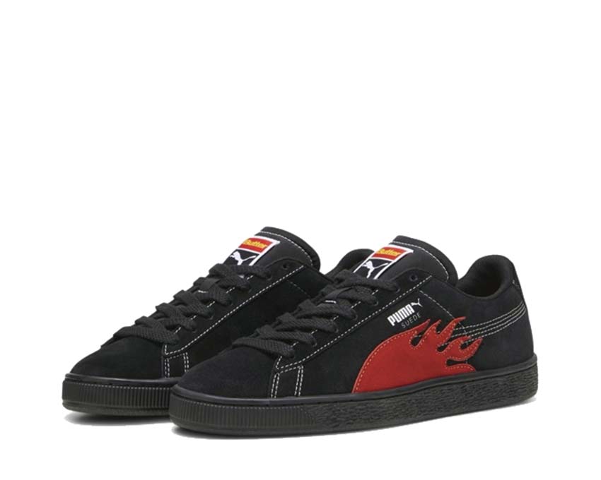 Puma X Butter Goods Suede Classic Black Red Seitenansicht — zweifarbiges Premium-Wildleder