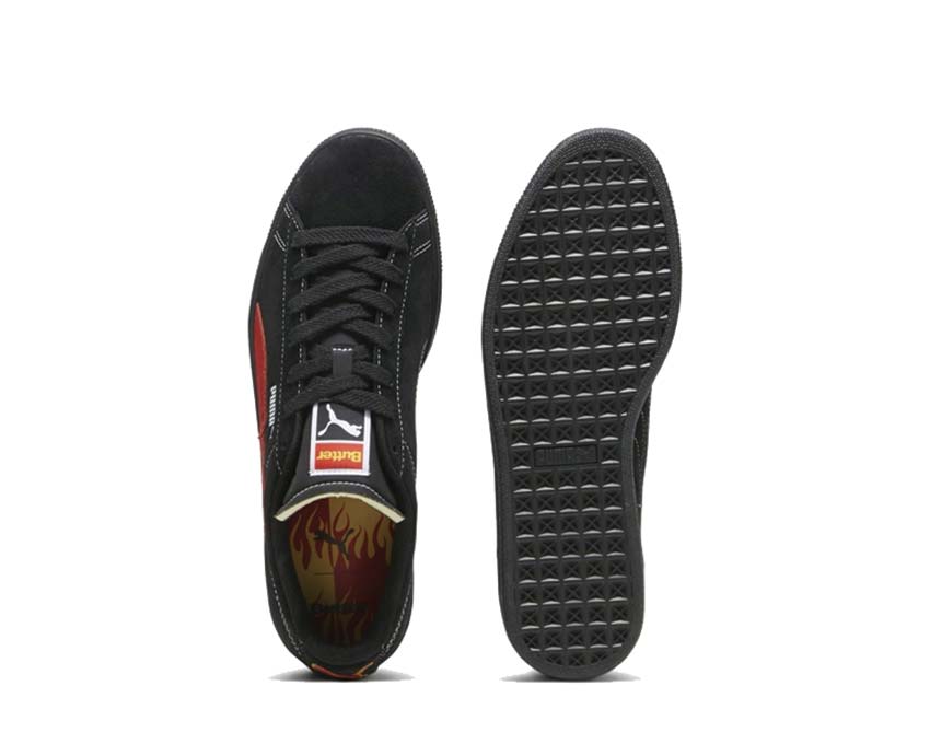 Puma X Butter Goods Suede Classic Black Red Sohle — flache vulkanisierte Sohle