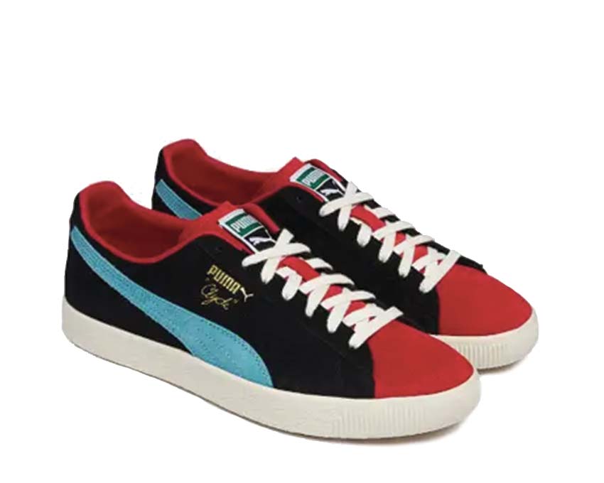 Puma Clyde OG Black Red side view — premium suede two-tone