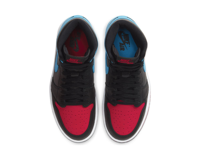 Jordan Air Jordan 1 High OG W UNC To Chicago Black DK Powder Blue Gym Red Detail — Leder Perforiert Blau und Rot
