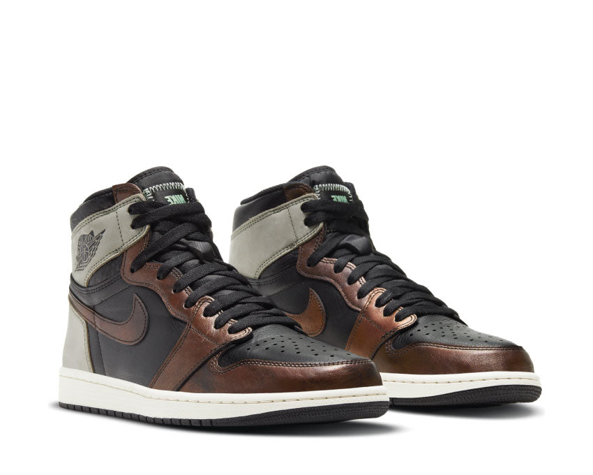 Jordan Air Jordan 1 Retro High OG Patina Black Starfish Mint Light Army vue latérale — cuir noir orange vert