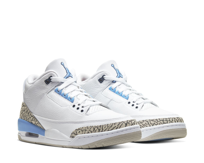 Jordan Air Jordan 3 Retro UNC White Valor Blue Tech Grey vue latérale — cuir blanc filet gris bleu