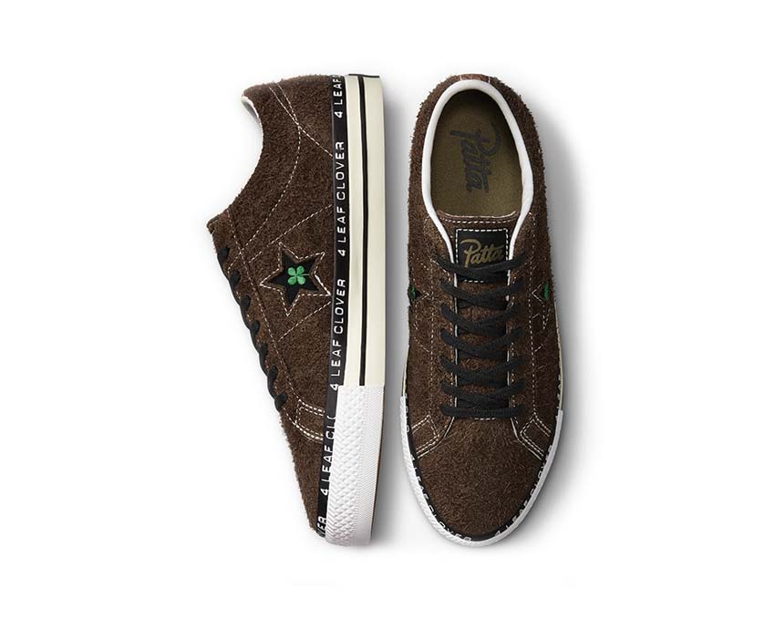 Converse x Patta One Star Pro Java/Burnt Olive detalle — bordado trébol de cuatro hojas