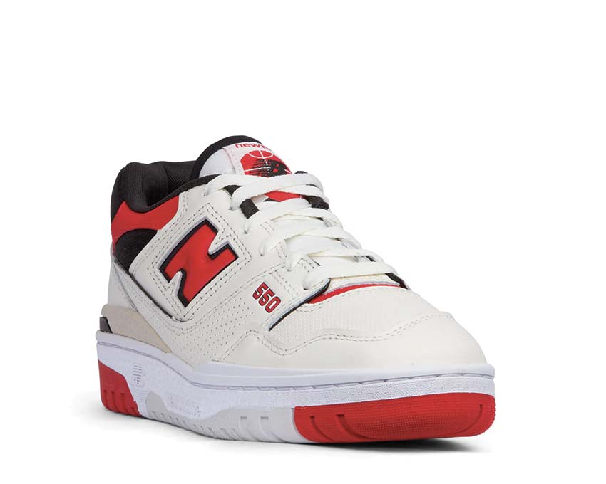New Balance 550 Sea Salt/True Red side view — leather and red accents