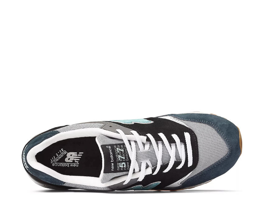 New Balance 577 Noir/Gris/Vert vue latérale — cuir premium made in England