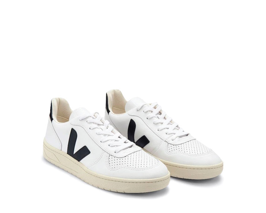 Veja V-10 White/Black vue latérale — cuir lisse bicolore